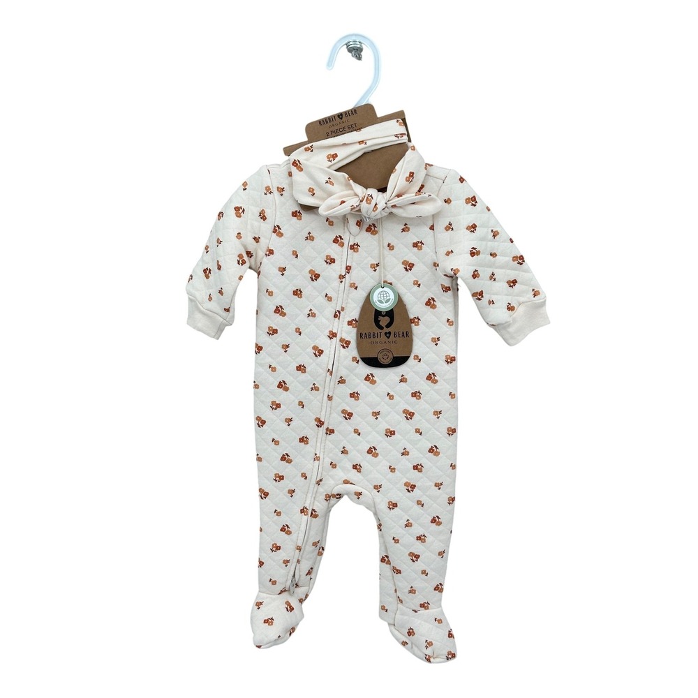 Rabbit + Bear 2 Piece Set Baby Girl 0-3M Organic Floral Quilted Zip Headband NWT